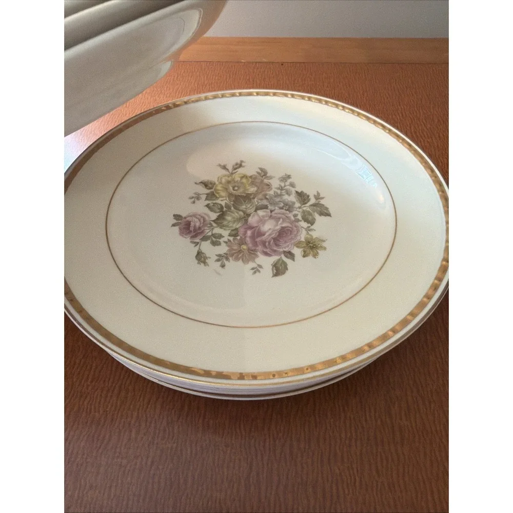 Vtg Homer‎ Laughlin Eggshell GEORGIAN Set Of 8 Gold Filigree Desert Plates 7